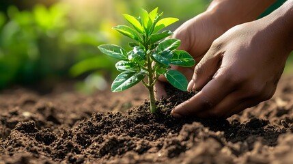 Planting a Young Sapling Hands Gently Placing a Seedling in Soil