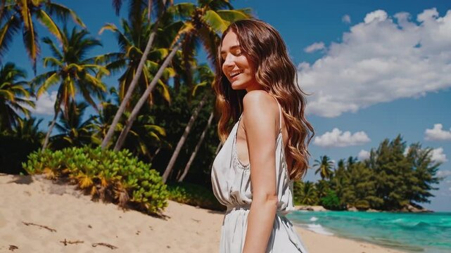 A beautiful young woman smiling happily on an island with palm trees in summer.