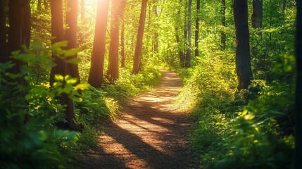 Obraz premium Lush Lush Forest Scene Path Sunlight Soft Greenery