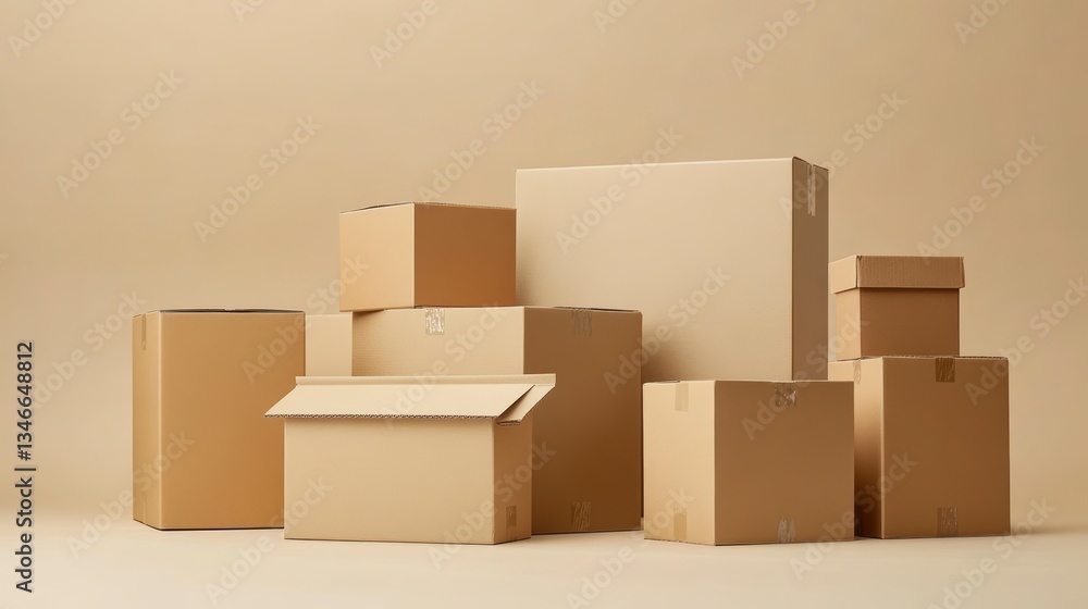 Aufkleber stack of cardboard boxes of various sizes on beige background.