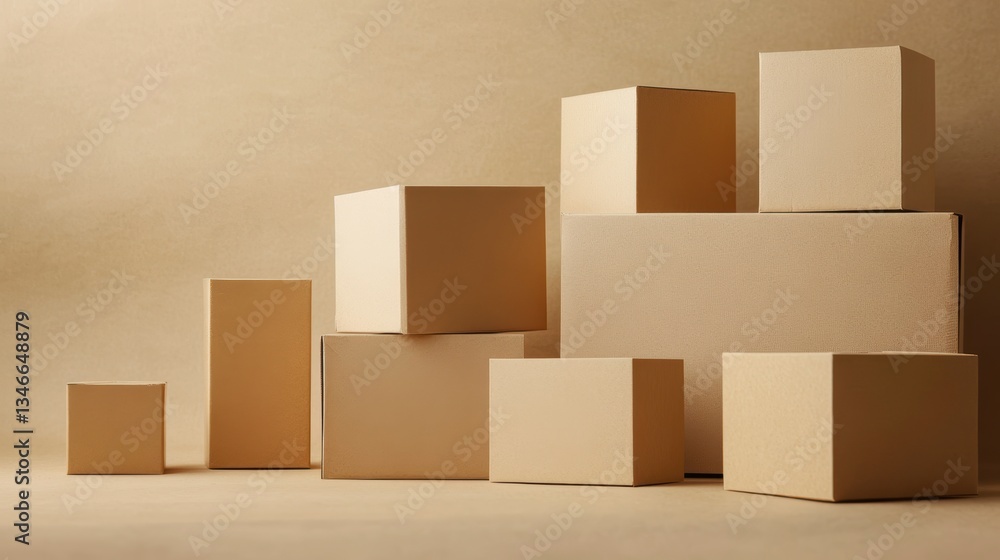 Poster stack of various-sized beige cardboard boxes on a beige background.