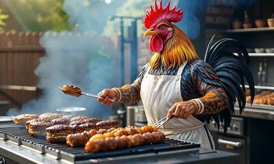 Anthropomorphic rooster in a chef's apron grilling meat at an outdoor barbecue, evoking humor and culinary creativity. Concept of food culture with a twist