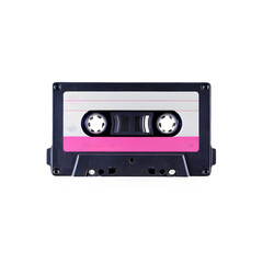 Retro audio cassette tape with pink and white label isolated on white background.