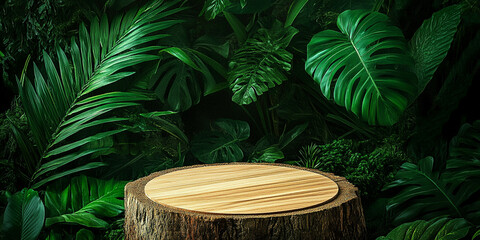 Wooden product display podium in jungle forest and sunshine shadow background. Product presentation theme. Nature and Organic cosmetic and food concept.