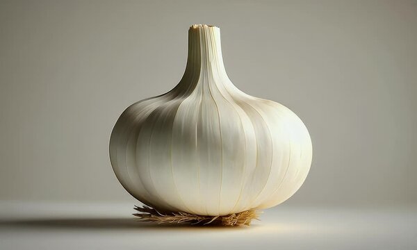 A close-up, studio shot of a white bulb of garlic on a white surface.