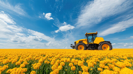 vibrant yellow tractor stands amidst vast canola fields in full bloom, under bright blue sky with fluffy clouds