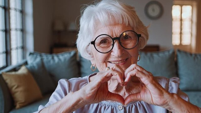 Old white-haired woman with round glasses heart hands. She is making a heart symbol with hands.