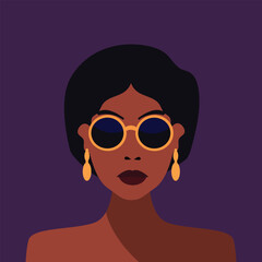 Attractive beautiful modern young stylish African woman portrait. Stylish young millennial character portrait. afro fashion trendy sunglasses earrings and pop art color.