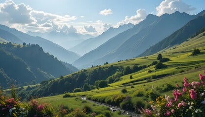 Fototapeta premium Serene mountain valley bathed in sunlight, showcasing vibrant wildflowers and rolling green hills under a bright, cloud-filled sky.