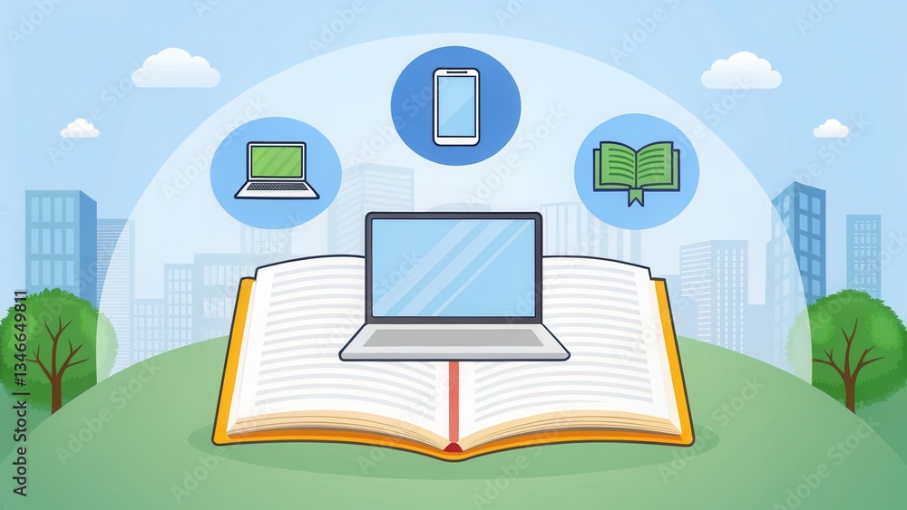 Aufkleber open book with digital devices above, symbolizing education and technology in modern learning enviro