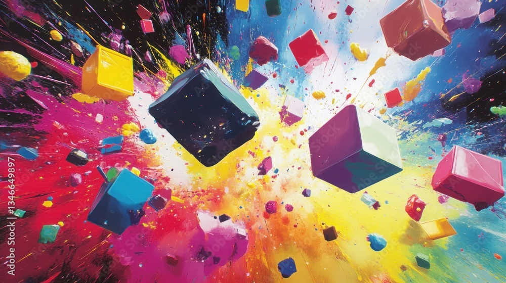 Poster colorful cubes explode in a vibrant display of paint