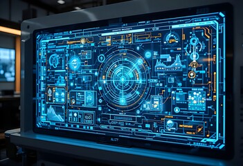 A digital circuit board with chip connections displays data on a computer screen