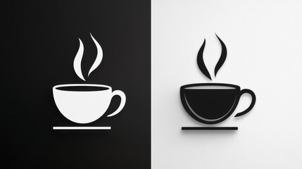 Obraz premium Hot Coffee Cup Icons, Black White Background, Minimalist Design, Website Use