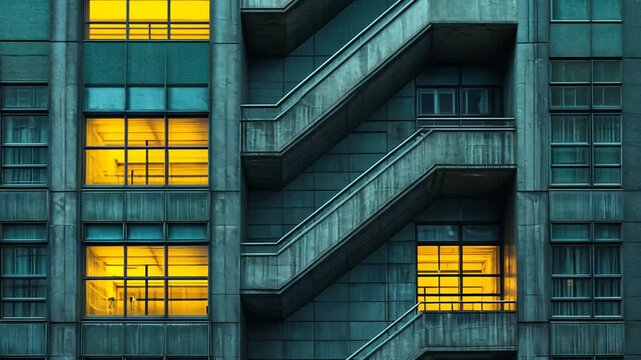 Architectural urban facade showcasing illuminated windows and stairways during evening
