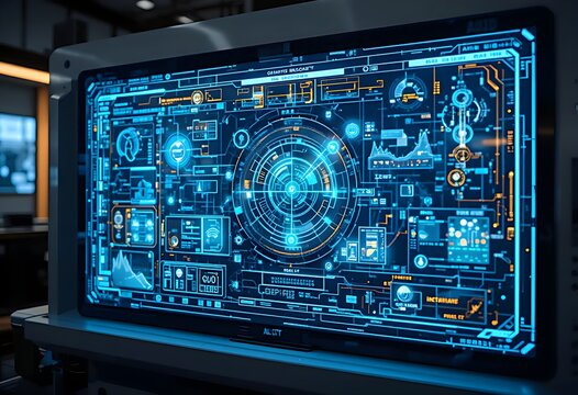 A digital circuit board with chip connections displays data on a computer screen