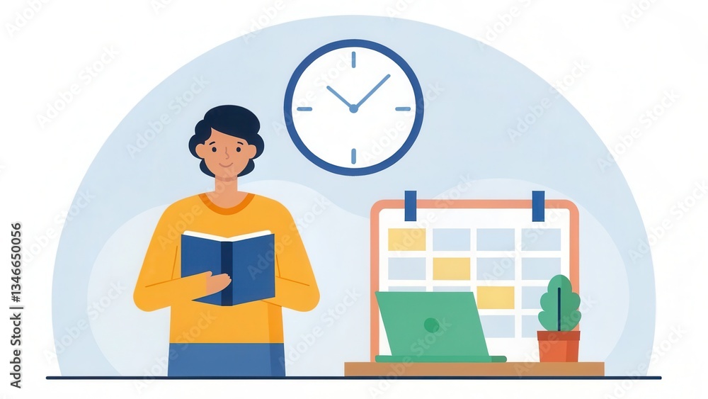 Poster a person reading a book with a calendar and laptop in a workspace setting.