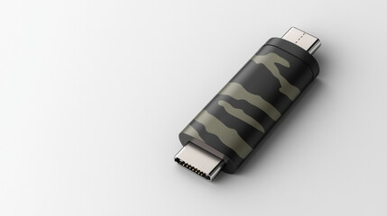 A camouflaged USB drive with a sleek design and dual connectors, ideal for data transfer and storage.