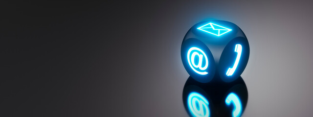 Lightning dice with three communication symbols on black background - 3D illustration