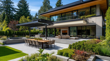 Luxurious Modern House Exterior with Elegant Dining Space and Lush Garden
