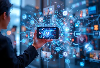 Businessman's finger touches a digital network screen, visualizing global tech communication