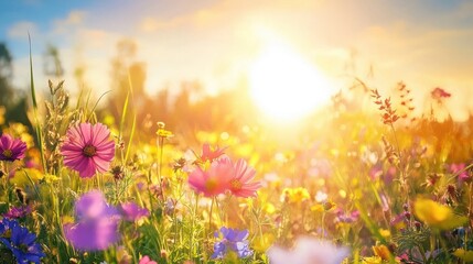 Obraz premium A field of wildflowers in full bloom, a sea of bright, eye-catching colors swaying under golden sunlight