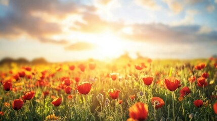 A field of wildflowers in full bloom, a sea of bright, eye-catching colors swaying under golden sunlight