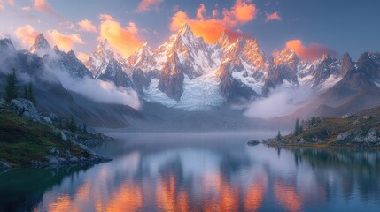 Fototapeta premium Sunrise Alpine Lake Reflection, Mountain Peaks
