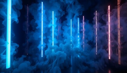 Electric dreamscape: vibrant neon lights pierce a swirling blue and pink smoke, creating an ethereal and otherworldly atmosphere.