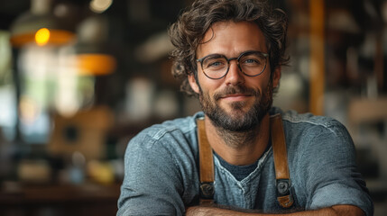 Obraz premium Thoughtful man with glasses and beard engaged in remote hiring processes highlighting flexibility and modern work culture