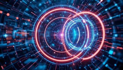 Obraz premium Digital vortex of vibrant blue and red neon lights swirling into a futuristic tunnel, creating a captivating sense of speed and technological advancement.