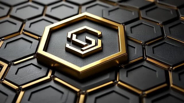 Elegant geometric design featuring a golden hexagonal logo on a textured black background