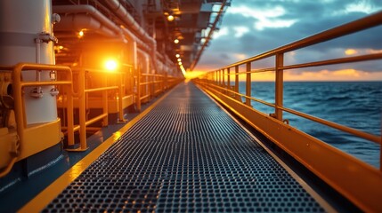 Offshore Oil Rig Walkway at Sunset