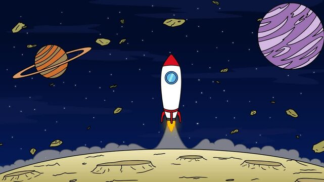 Rocket Flying From The Moon - Cartoon Animation