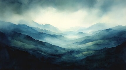 Fototapeta premium Dark and moody watercolor painting depicting a vast valley with atmospheric depth and rich shadowy tones
