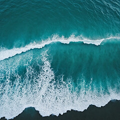 Fototapeta premium Aerial view beautiful of sea waves from drone. Stock image of blue color of ocean water, sea surface. Top view on turquoise waves, clear water surface texture.