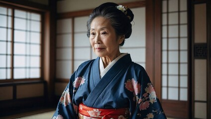 Elegant elderly Asian woman in a traditional kimono in a serene Japanese interior