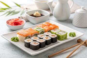 Sushi platter featuring various rolls and sashimi served on a white plate with condiments