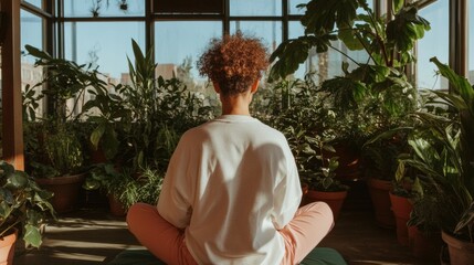 Biophilic Mindfulness in Modern Workspaces Tranquil Gen Z Professional Practicing Wellness Meditation Amidst Lush Indoor Botanical Sanctuary - Holistic Productivity Redefined