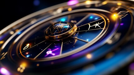Mystical Zodiac Wheel with Celestial Symbols in a Cosmic Hues Design