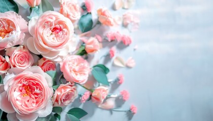 romantic pastel pink roses and delicate petals on light blue background, floral composition for wedding invitations and greeting cards

