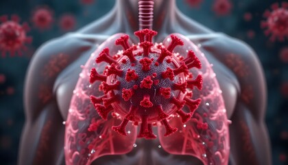 A menacing virus attacking the lungs, a stark visual of respiratory illness in a dark, dramatic 3D render.