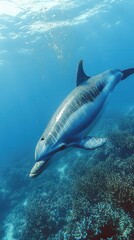 Stunning Underwater Capture of a Dolphin Swimming Gracefully in Clear Blue Ocean Waters Near Vibrant Coral Reefs Showcasing Marine Wildlife and Natural Beauty