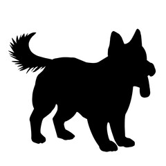 Black silhouette of a fluffy dog standing proudly, showcasing its tail and ears. Perfect for pet-related designs, animal-themed projects, and decorative illustrations