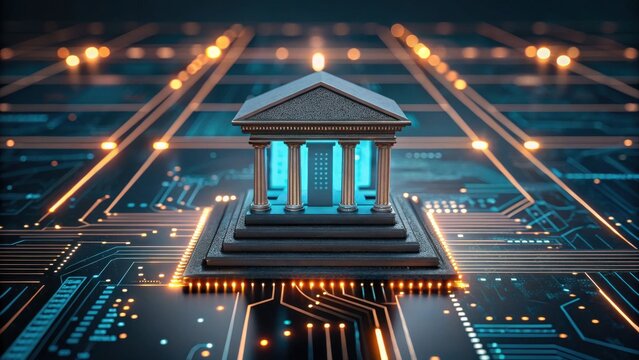 Economic risk affects investment and banking sector concept. Digital bank building on a circuit board, symbolizing finance and technology integration.