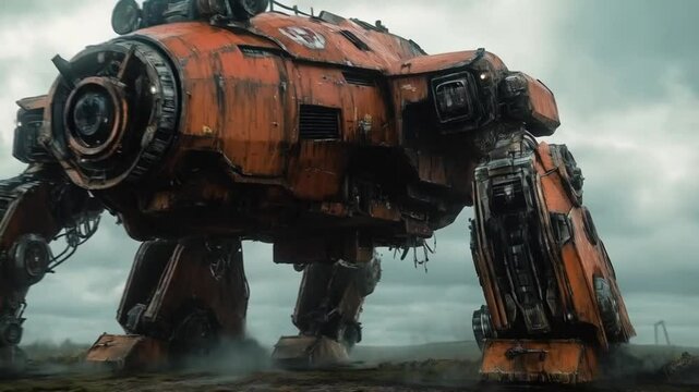 A big orange robot stands in a field. Smooth repeating motion for background video animation.