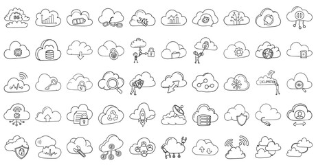 Cloud computing icons in outline style, featuring various technology and data concepts