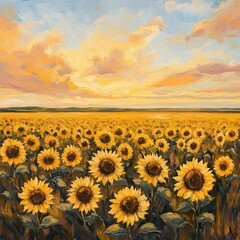 Obraz premium An artistic view of fields of sunflowers stretching to the horizon under unique lighting.