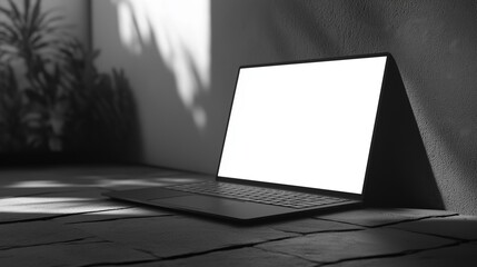 laptop mockup with blank screen in room with plant and shadow