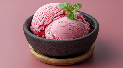 Delicious pink ice cream served in black bowl with mint leaves