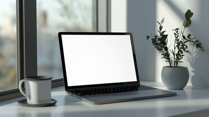  laptop mockup with blank screen,  cup and plant on window sill bathed in sunlight